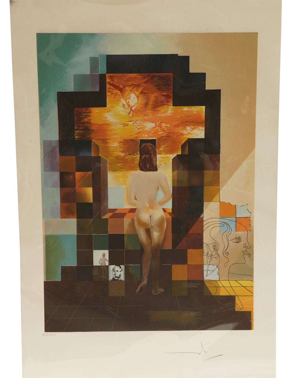 Surrealist Signed Lithograph, Nude Study with Checkerboard Motif, E300/350
